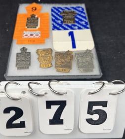 Group of 6 Pit Pass Badges:  2 1987 S867  bronze w/  backing & #4186 silver, 1988 S275  bronze on
