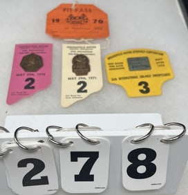 Group of 4 Pit Pass Badges w/Backers:  1970  USAC  Cardboard string badge,  Indy 500 #8539  on pink