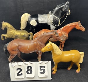 Group of 5 Horses including cast metal Palomino horse, c/i Bay horse, c/i Sorrel horse, gold