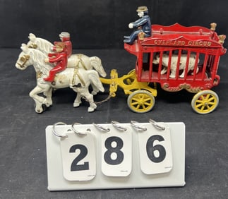 Kenton Overland Cast Iron Horse Drawn Circus  Wagon  a driver with 2 riders & 2 white  horses
