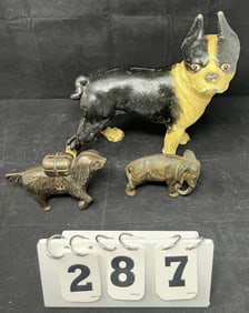 Three Cast Iron Animal Banks: Boston Terrier   larger size black & white original paint 10"  x 10"