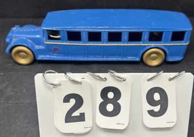 Arcade Blue Bus refinished blue w/gold stripe  &  gold tone wheels w/driver & Arcade label.    3" x