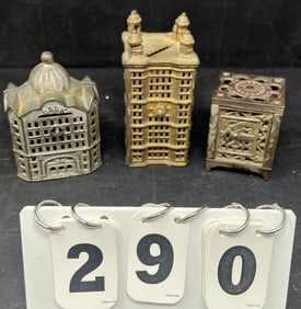 Three Cast Iron Banks: 2 buildings 6" x 3" x  3" &  5" x 4 "x 2"  and a safe 3.5" x 2.5" x  2"  All