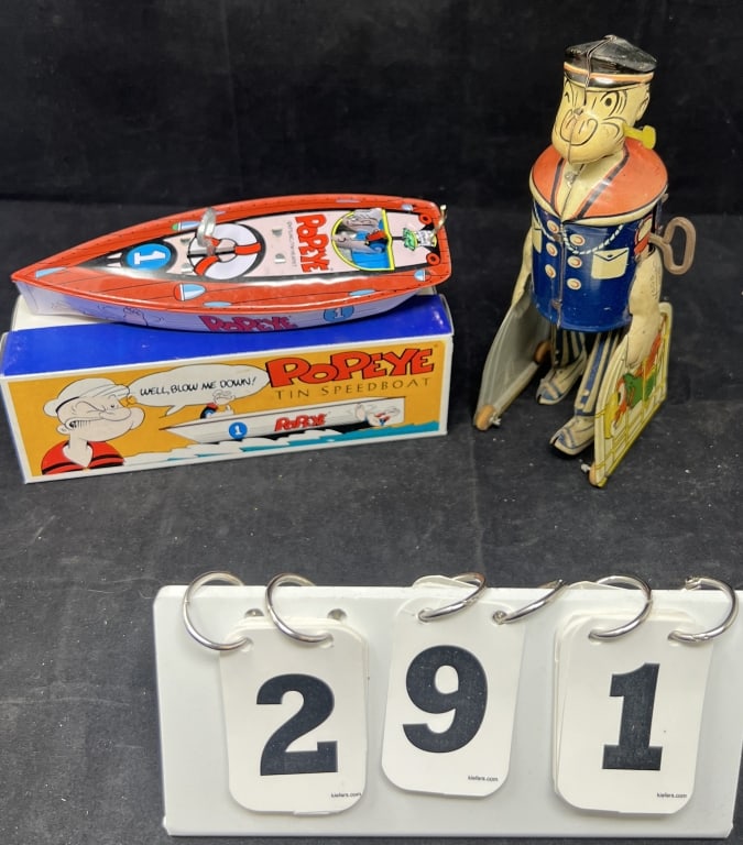 Vintage Tin Litho Wind Up Walking Popeye 8" x  3" x  3"   &  newer Wind Up Popeye Boat  3"  x  7.5" (1 of 6)