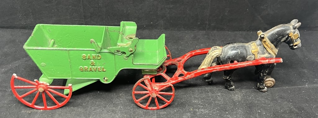Cast Iron Horse Drawn Wagons: C/I buckboard wagon has repairs & replaced parts 4" x 11" x 3" ,: Cast Iron Horse Drawn Wagons: C/I buckboard wagon has repairs & replaced parts 4" x 11" x 3" , Sand & Gravel single horse drawn has 2 broken wheels on right side. 4" x 15" x 4"