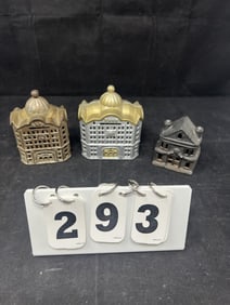 Three Cast Iron Building Banks:  2 Bank  buildings   one bank has been repainted 5" x  4" x 3" ,
