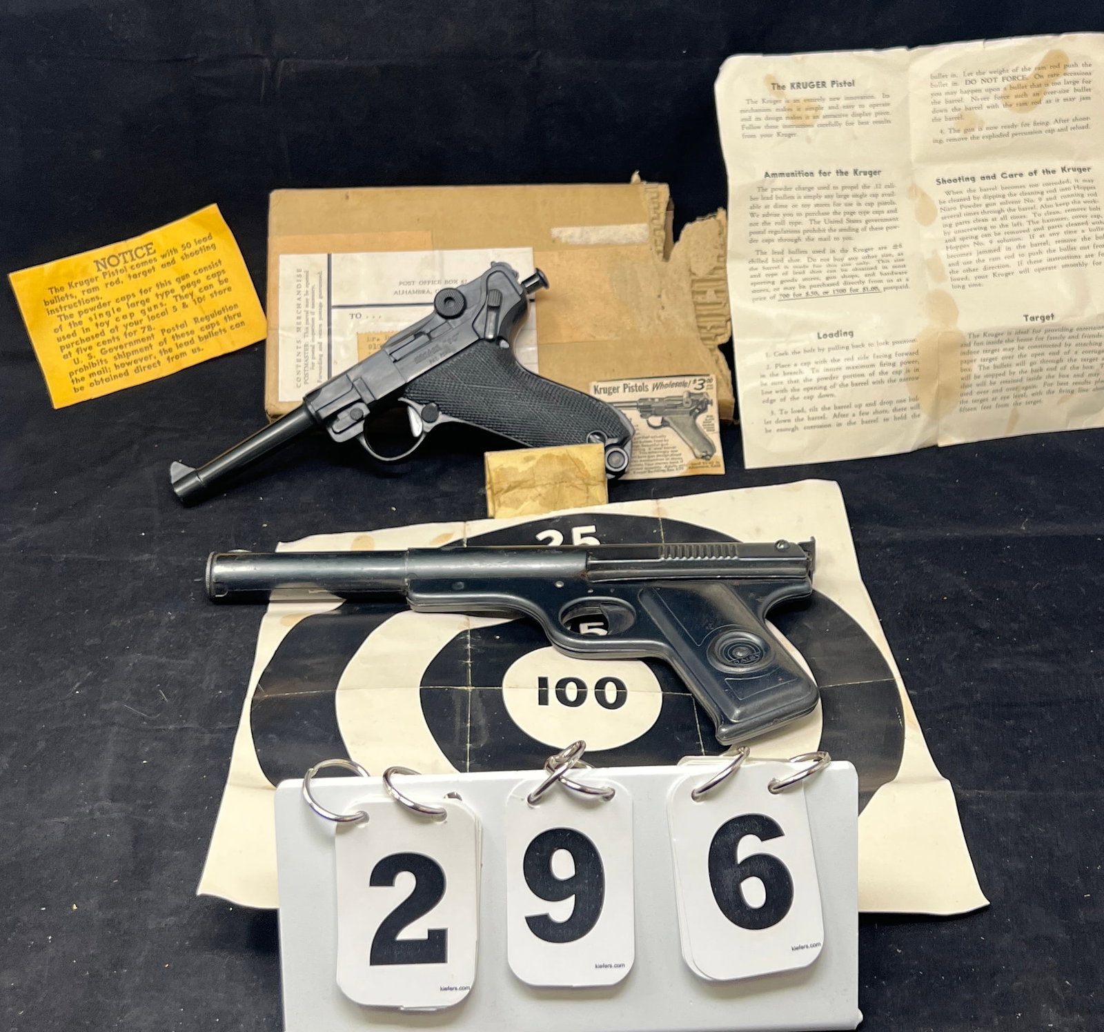 Two Pellet Guns: Daisy No. 118 Targeteer & Kruger .12 caliber pistol w/original paperwork,: Two Pellet Guns: Daisy No. 118 Targeteer & Kruger .12 caliber pistol w/original paperwork, shipping box, original BBs & paper target.