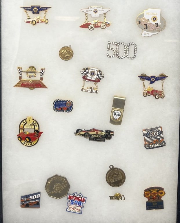 Collection of Indy 500 Souvenirs Pins: mostly from 1980s & 1990s. One 1950 pin back Indianapolis: Collection of Indy 500 Souvenirs Pins: mostly from 1980s & 1990s. One 1950 pin back Indianapolis Speedway w/ 2 cars & checkered flag.