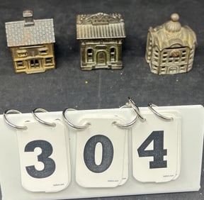Three Cast Iron Building Banks:  3" x 2" x 2"  all  original finish.