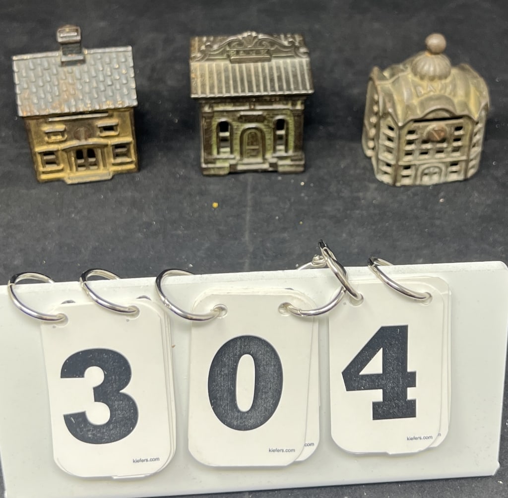 Three Cast Iron Building Banks:  3" x 2" x 2"  all  original finish. (1 of 5)