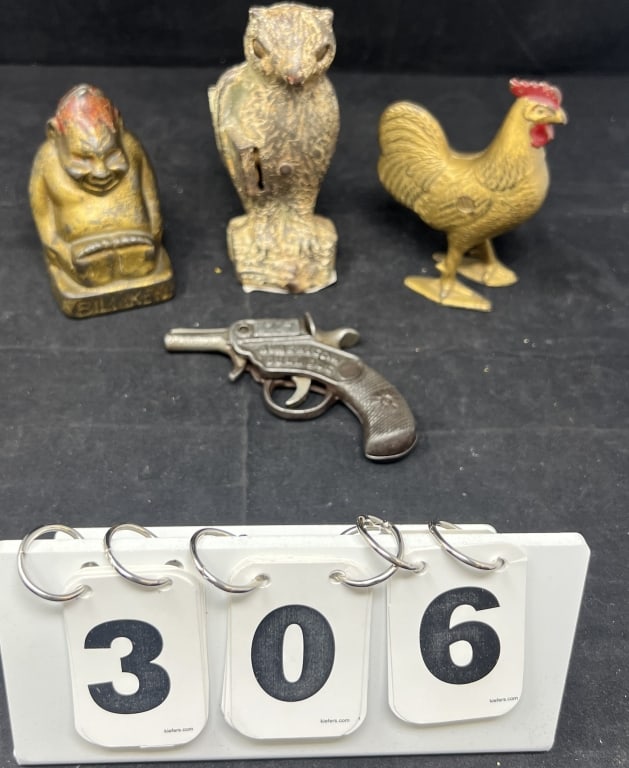 Three Cast Iron Banks & C/I Cap Gun: Cap Gun American Bull Dog 4" x 5" x .5" , Owl Mechanical: Three Cast Iron Banks & C/I Cap Gun: Cap Gun American Bull Dog 4" x 5" x .5" , Owl Mechanical Bank "Blinky" 6" x 3" x 2" , Billiken, Rooster gilded paint w/ red comb.