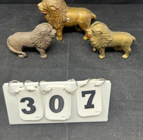 Three Cast Iron Lions  5" x 7" x 3"  &  4" x  5"x  2"