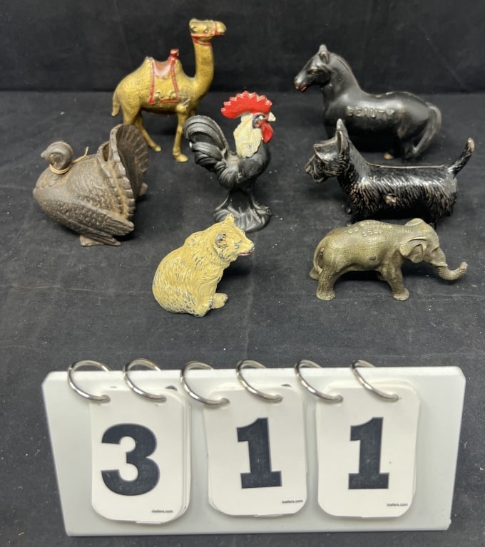 Group of Six Cast Iron Animals: Black Beauty  horse  bank, Scottish Terrier bank,  Turkey  bank, (1 of 6)