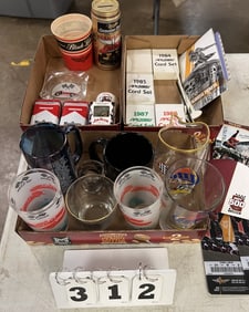 Group Indy 500 Memorabilia: Marlboro tins,  Miller  Lite Glass & other Indy 500  glassware, playing