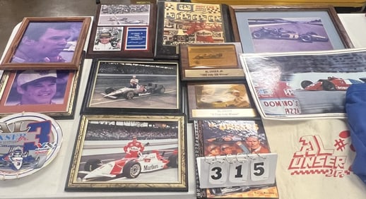 Collection of Al Unser, Jr. Photos & Items :  1  autographed plaque, many photos, 2 tote  bags, &