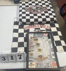 Group of Indy 500 Memorabilia: Checkered seat   cushion 2009 - 2011, souvenir checkered  flag