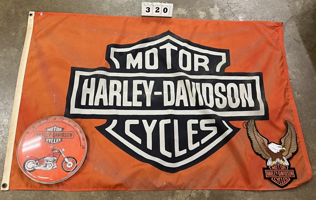 Group of Harley Davidson Advertising: HD flag  37"  x 56", thermometer 12" , large eagle HD  jacket (1 of 4)