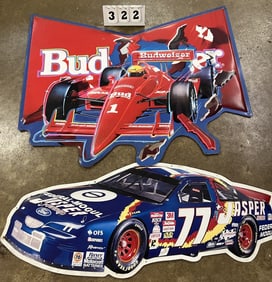 Two Tin Embossed Racing Signs: Budweiser  29"  x  35"  & Jasper Engines 15" x 35"