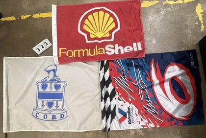 3 Automotive Advertising Flags: Formula One  Shell,   Cord & NASCAR Valvoline #6. 30" x  42" .  Barn