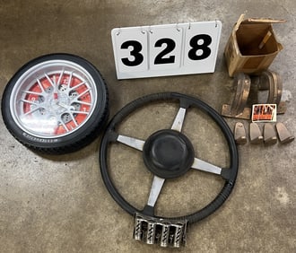Group of Vintage Automotive Items:  vintage  race  car steering wheel 18" , Service  Station