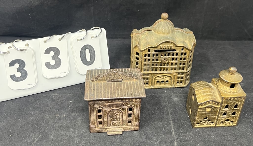 Three Cast Iron Still Building Bank  all in   original condition 5" x 4" x 3" & 3" x 2" x  2" (1 of 5)