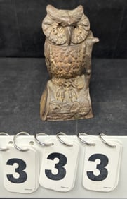 JE Stevens Owl Turns Head Cast Iron  Mechanical  Bank 7.5" x 4" x 3"  still  operates, needs spring