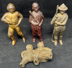 Group of Cast Iron Figure Still Banks: AC  Williams  Boy Scout , Baseball Player,  Football Player.