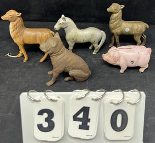 Group of 5 Cast Iron Animal Banks: pink pig,   bull  dog, 2 deer & a horse.  Approx. 5" x  4" x 1.5"