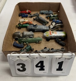Group of Small Race Cars: Hubley, Tootsie  Toy,  Litho Tin Lightning Car, Tin Penny  Cars, Ford &