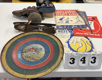 Group of Vintage Sporting Goods:  Tin litho  race  car game, early set of ice skates,  Nellie Fox JC