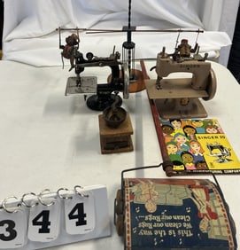 Group of Vintage Children's Toys: 2 Singer 20   sewing machines, miniature coffee grinder,  Depot