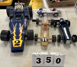Four Indy Race Cars: 1 cast metal, Vintage   Processed Plastic Co. #11 car, Johnny  Lightning #2