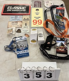 Group of Race Memorabilia: Pit pass badges,  VIP  lanyards, 1972 Race Permit,  Album of  Classic Car