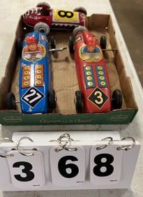 Three Tin Race Cars : 2 Wind up  & 1 coaster  car.   3" x 10" x 4"