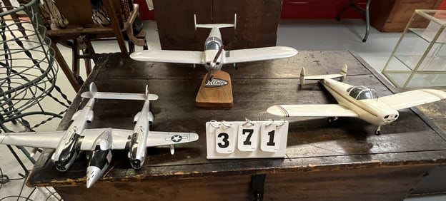 Three Model Airplanes: ERCOUPE model on wood  mount  8" x 11" x 17"  military airplane &  Cessna