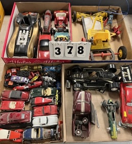 4 Flats of Toy Race Cars: Hubley, Tootsie   Toys, gas powered go cart, other sedans,    various