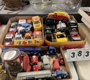 3 Flats of Mostly NASCAR Cars: Die Cast  NASCAR,  Ertl Roadsters, a car bank & others.   Mostly 3" x