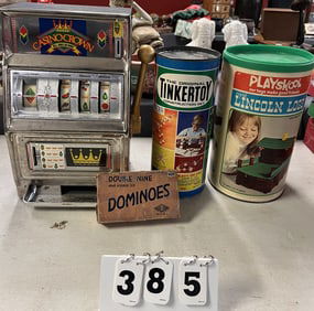 Group of Vintage Toys: Tinker Toy & Lincoln  Logs :  Countertop Slot machine by Waco  working