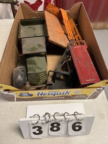 Group of Pressed Steel Toy Parts:  partial  truck  4" x 12" x 6" , partial wrecker bed &  stake bed.