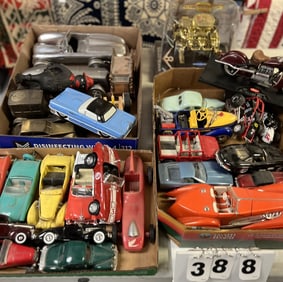 Group of Cars, Chevy V8 Model Engine: 3 die  cast  midget races,  die cast Indian  motorcycle, all