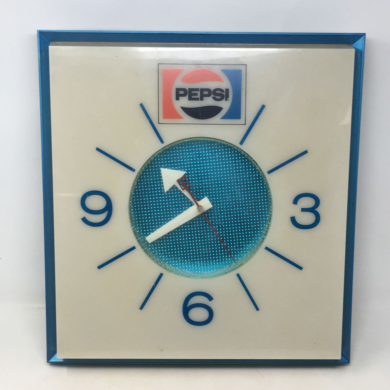 Pepsi Molded Plastic Electric Clock: Pepsi Molded Plastic Lighted Electric Clock, by Price Bros. Clock in working condition, needs new bulb for lamp. 15"W x 16"H x 4"D