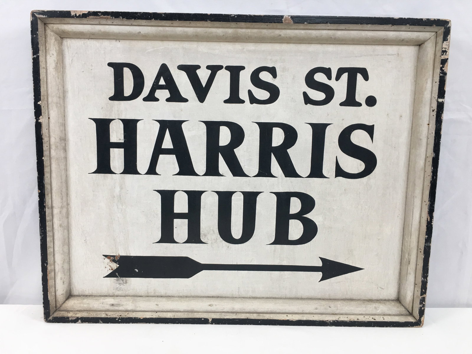 Davis St. Harris Hub Double Sided Wooden Sign: Davis St. Harris Hub double sided wooden sign. Black outer frame with black stenciling and arrow on white background. 28.25"W x 22"H x 3"D