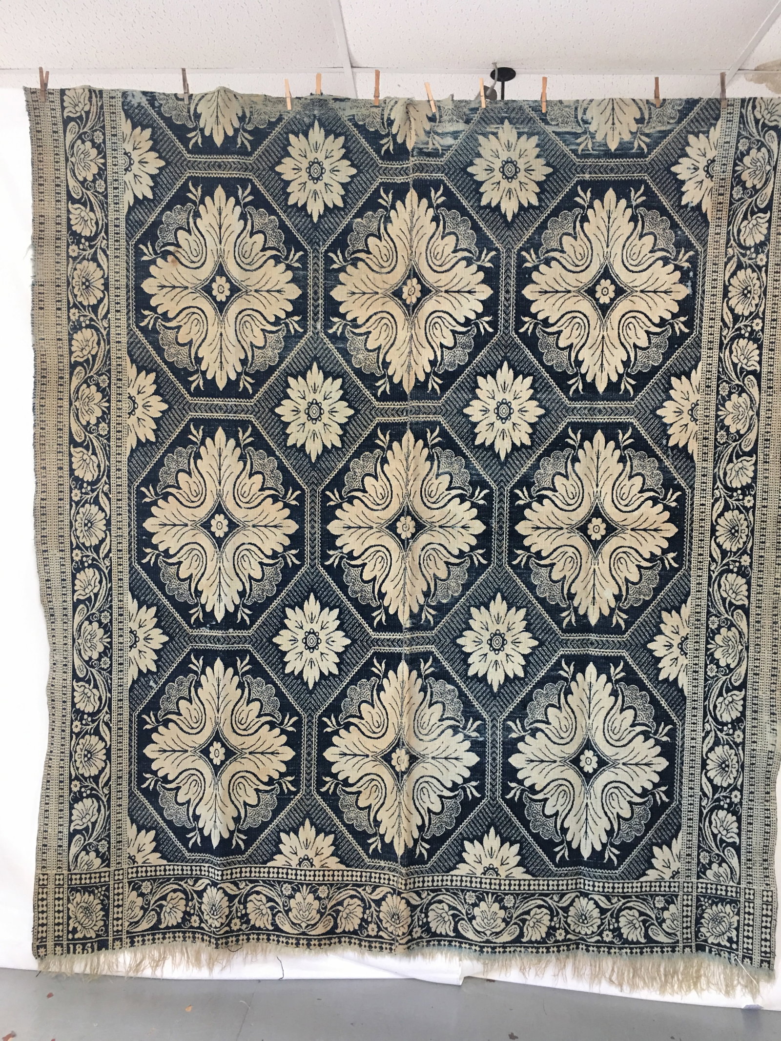1851 Blue & White Latourette Coverlet: 1851 Sarah or Henry Latourette Blue & White Coverlet. See p. 179, item #58 of Anderson book. Slight wear. 78"W x 88"L