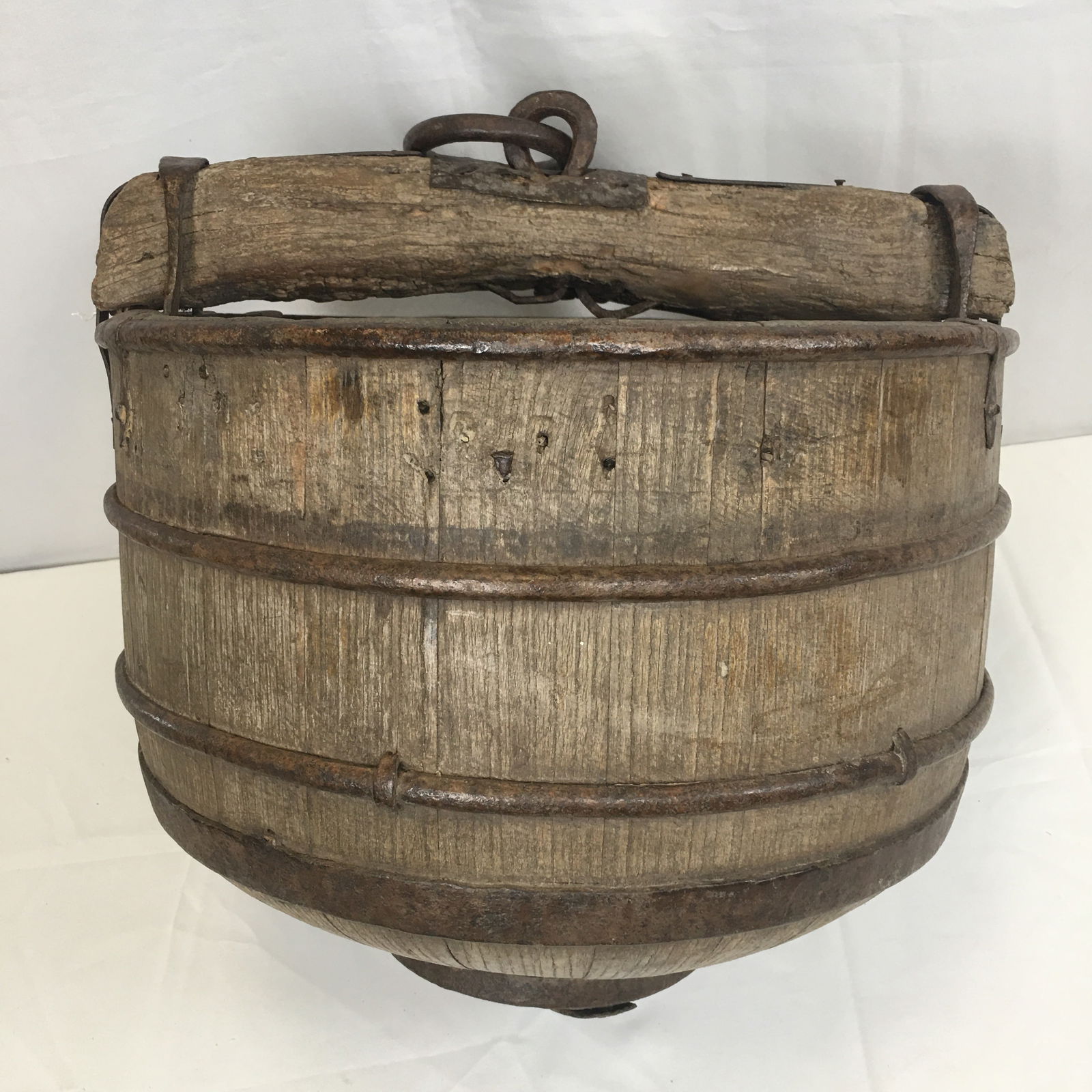 Banded Stave Well Bucket: Banded Stave Well Bucket. Oak & iron. 20"D x 22"H