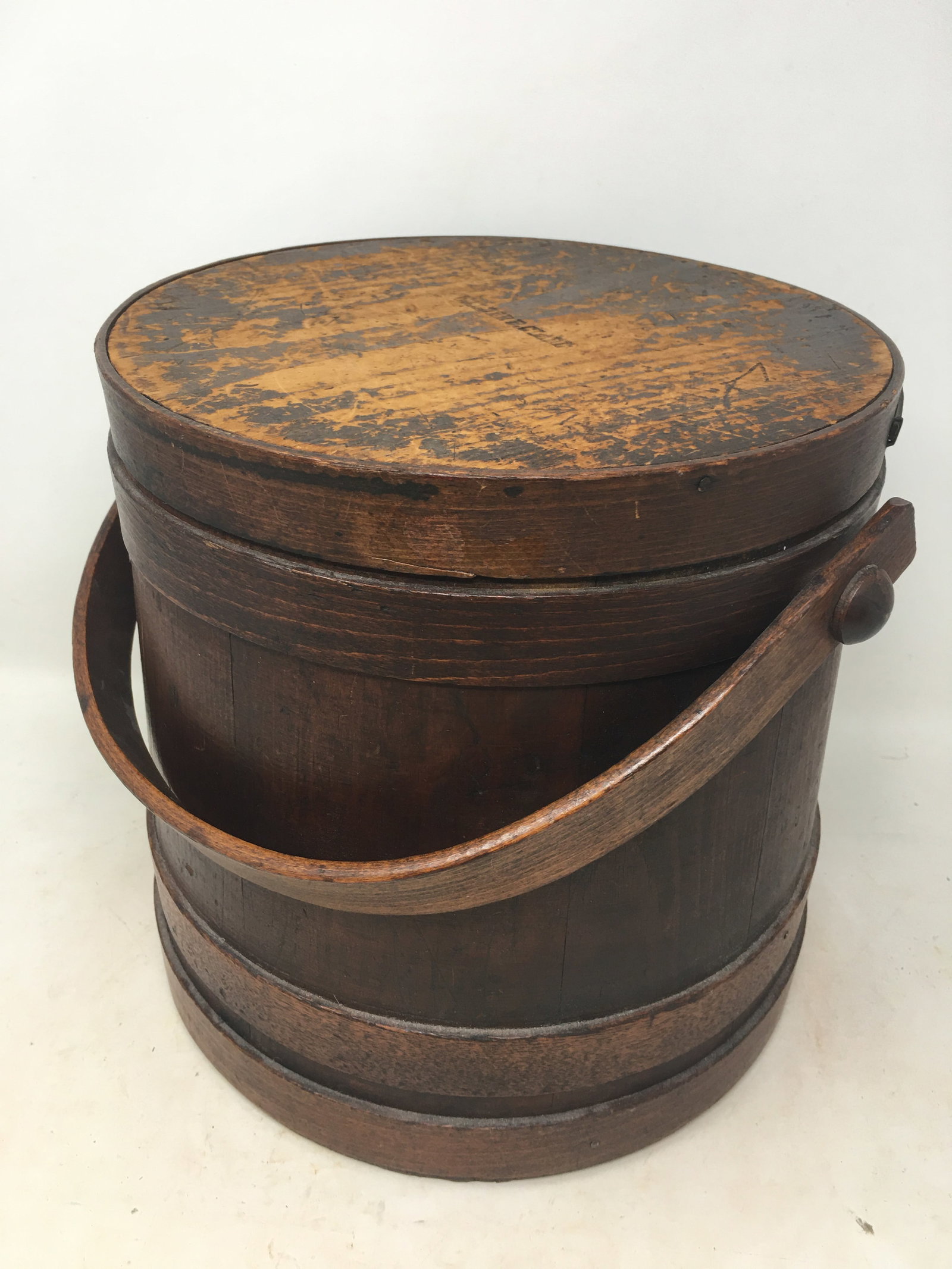 Swing Handle Firkin, Wilder P. Clare: Swing Handle Firkin or Sugar Bucket, Stamped on Lid Wilder P. Clare. Small piece missing on edge of lid. 10.5"W x 10"H
