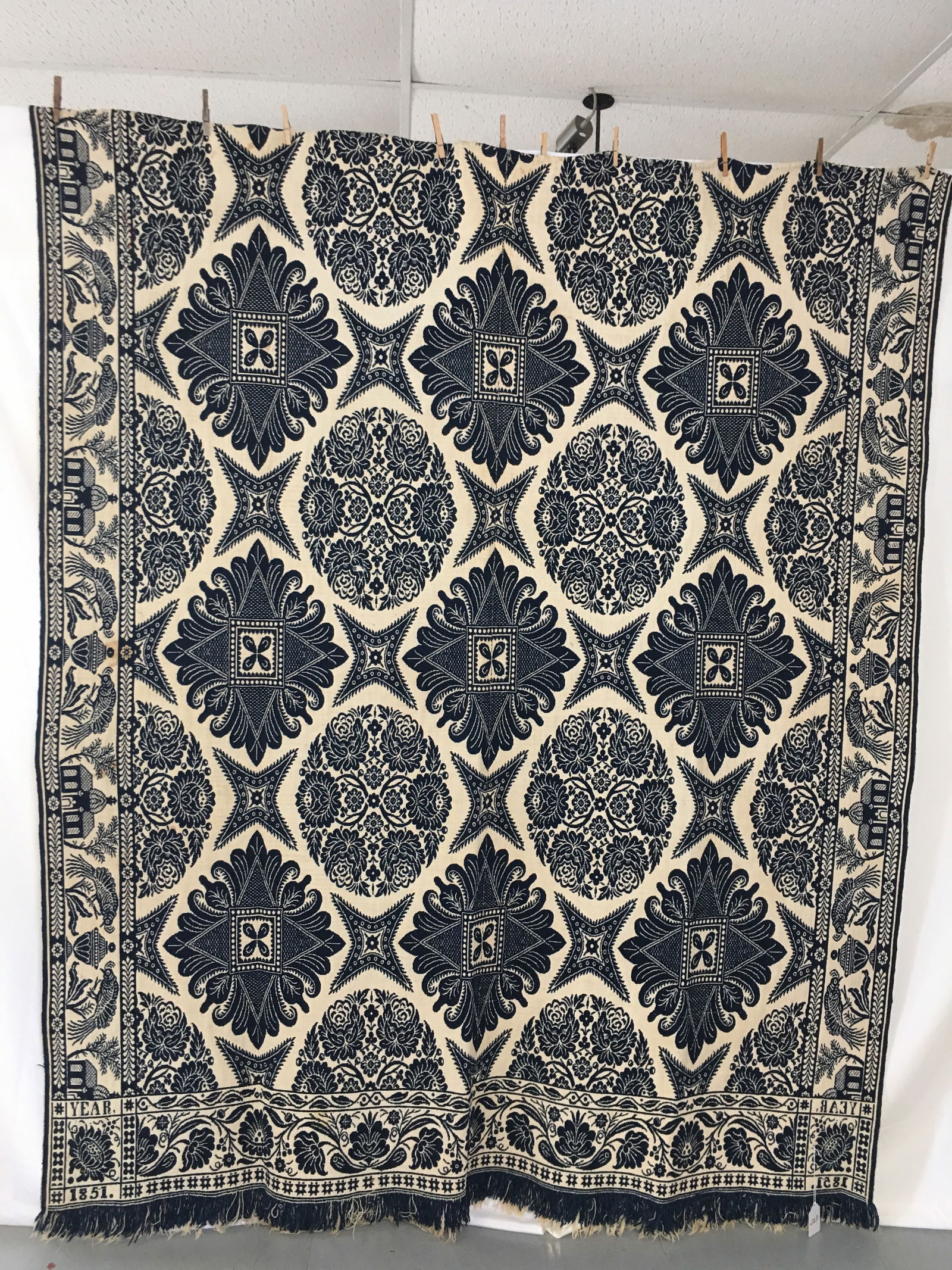 1851 Blue & White LaTourette Coverlet: 1851 Sarah or Henry LaTourette Heavy Blue & White Coverlet, Peacocks with Urns and Churches border. 74"W x 90"L