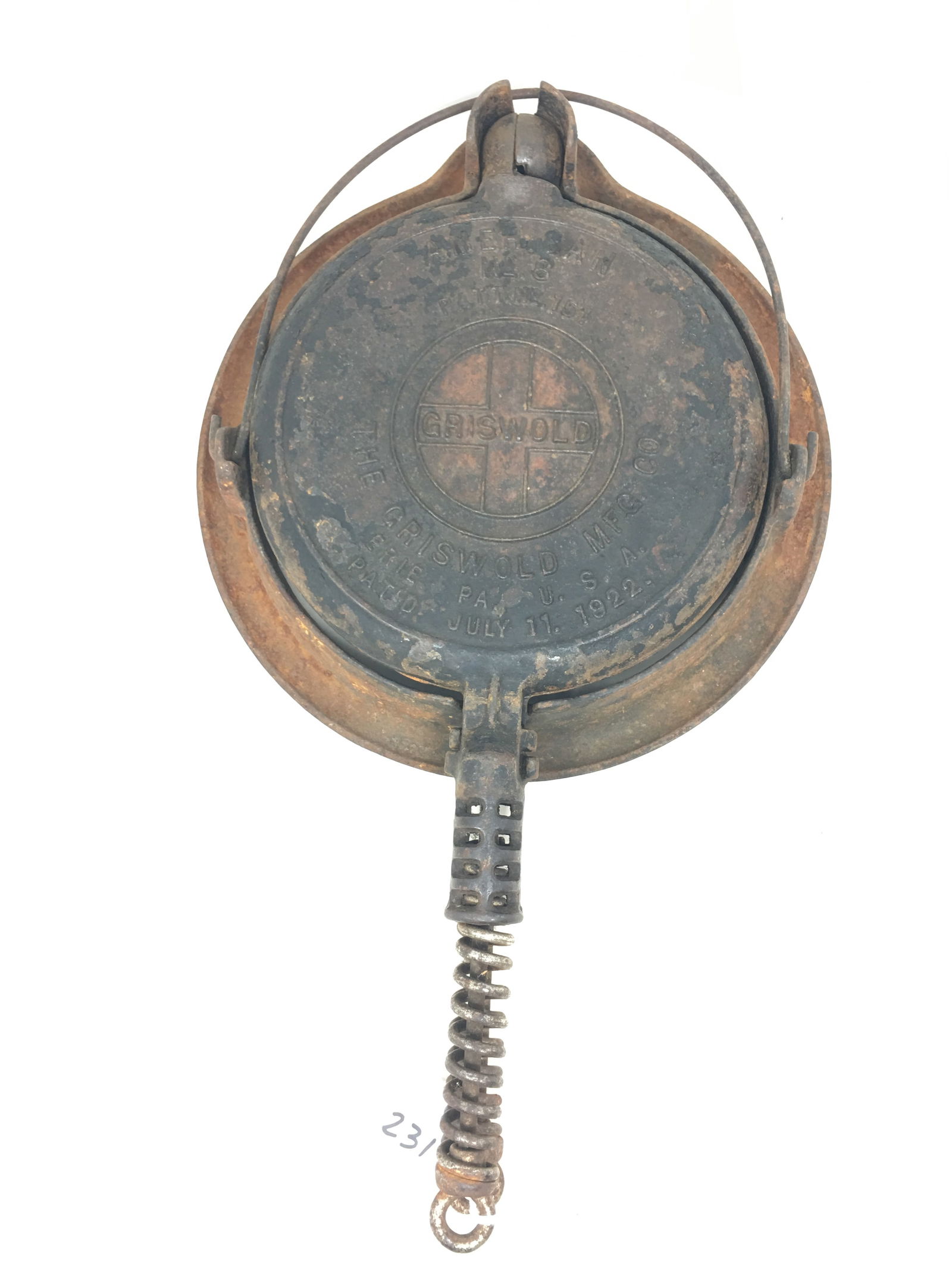 Griswold No. 8 Waffle Maker: Griswold American #8 Waffle Iron with low base, large block logo. Pat'd July 11, 1922. 17"L x 10"W x 2.5"H