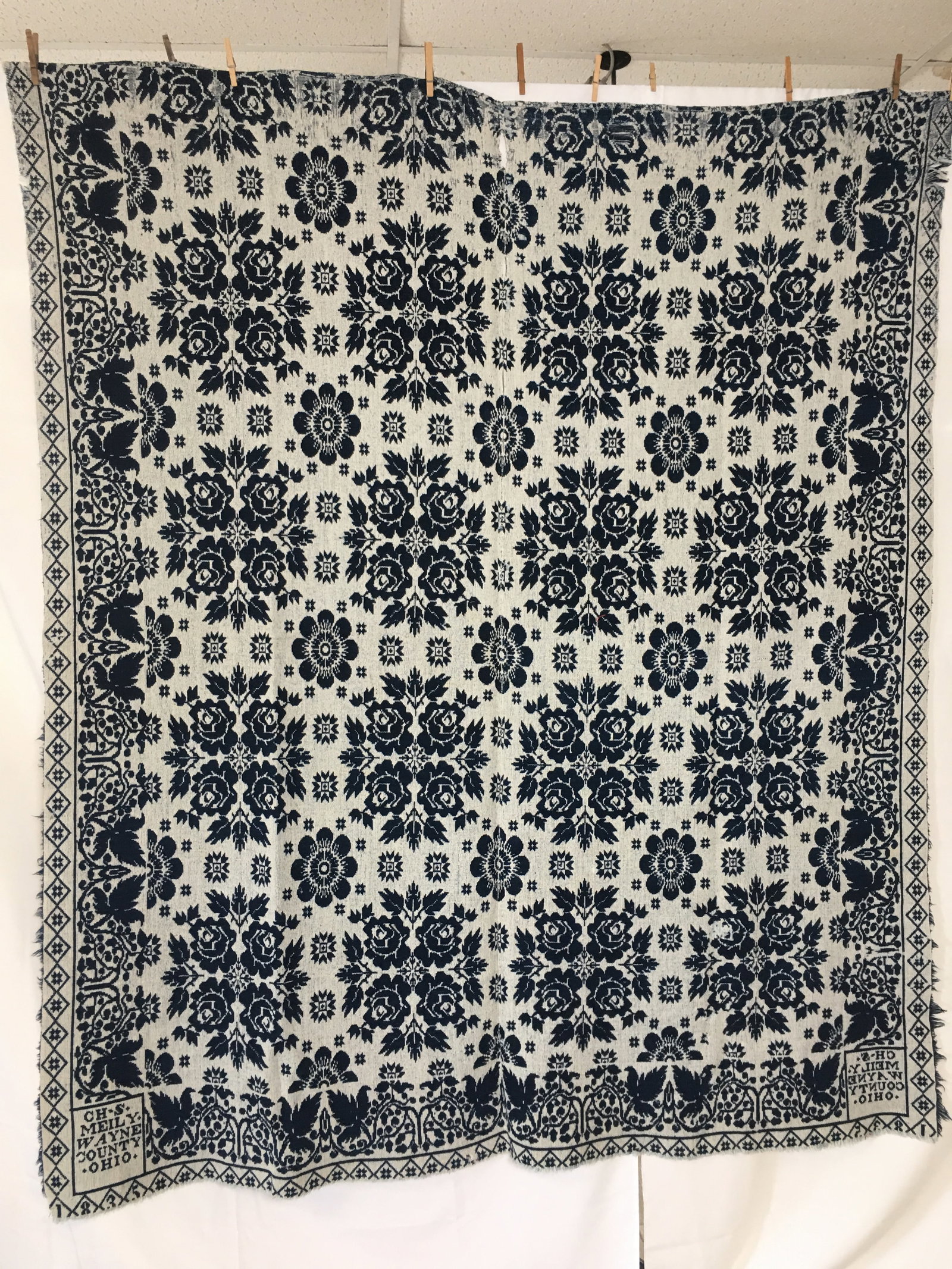 1835 Wayne County, OH Blue & White Coverlet: 1835 Wayne County, OH Blue Coverlet woven by Charles Meily, 4 Roses design. 64"W x 76"L