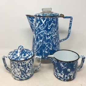 Blue & White Graniteware Coffeepot, Creamer, Sugar