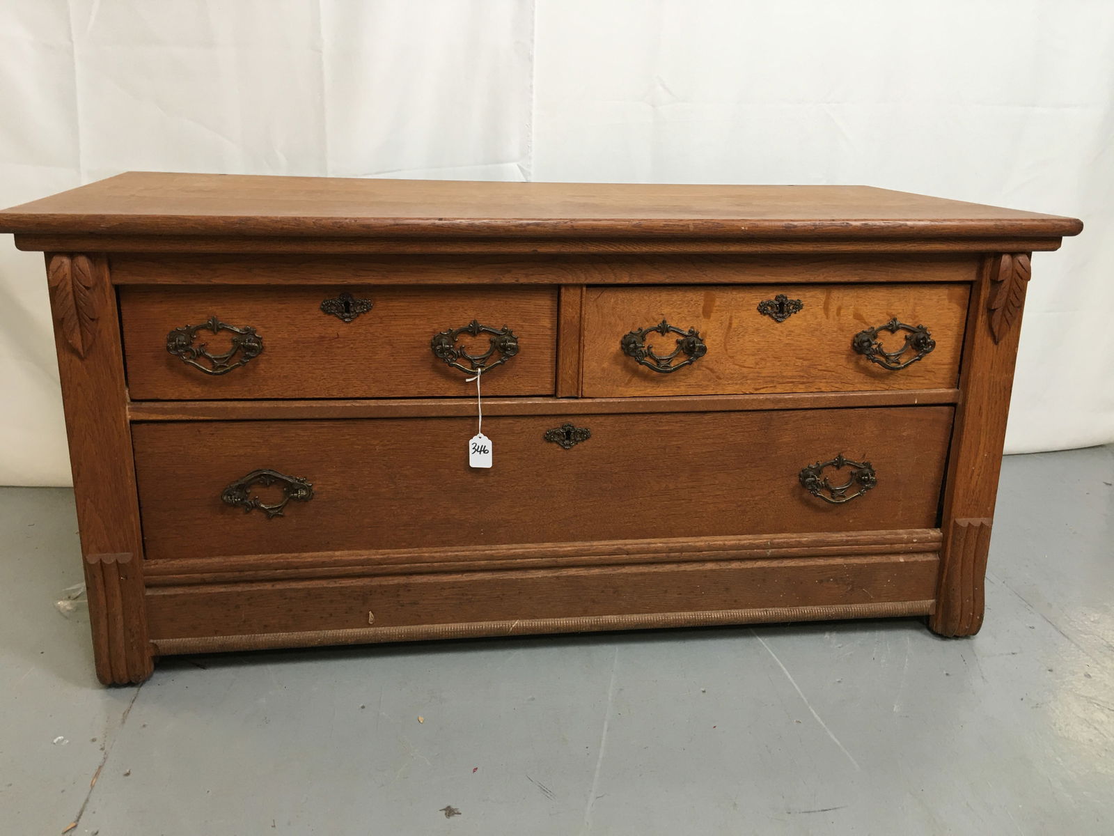 Oak Low Three Drawer Chest: Oak Low Three Drawer Chest. 48"W x 22"D x 22"T